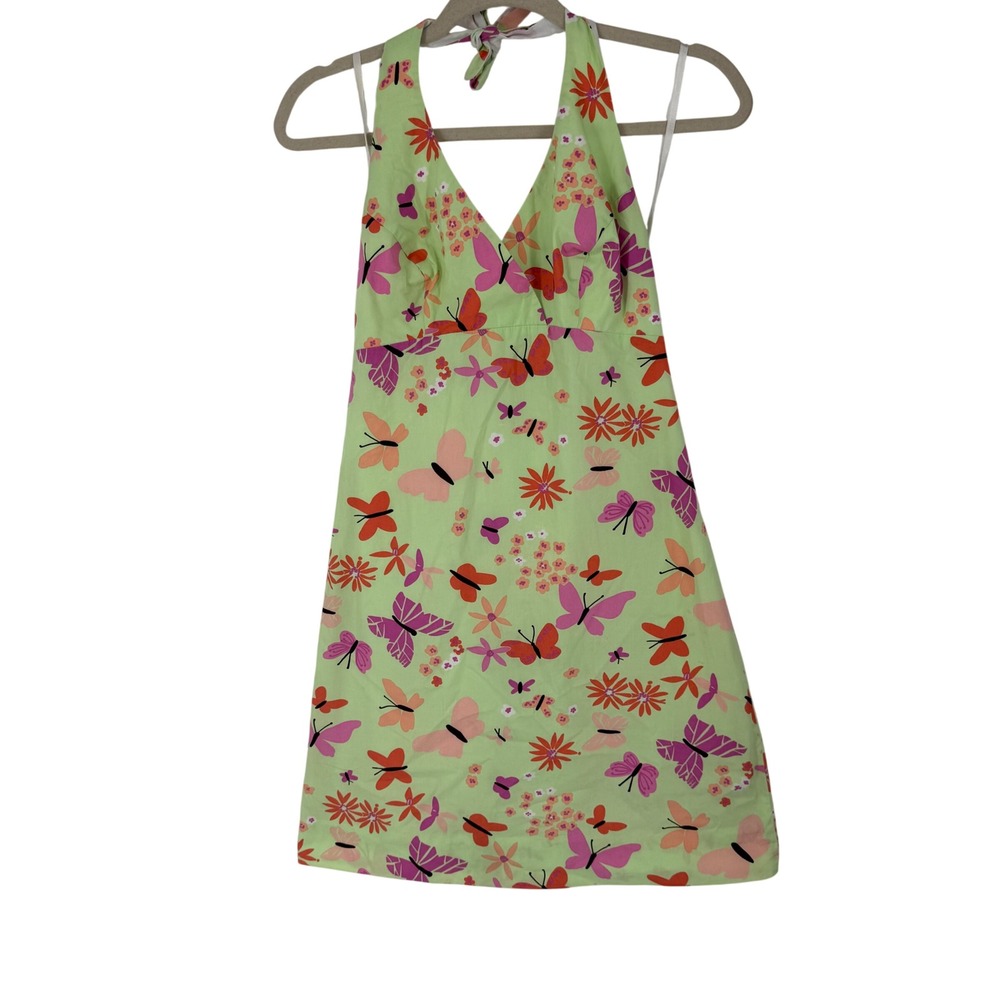 Vintage Lilly Pulitzer White Label Halter Dress Size 4 Green Butterfly Floral